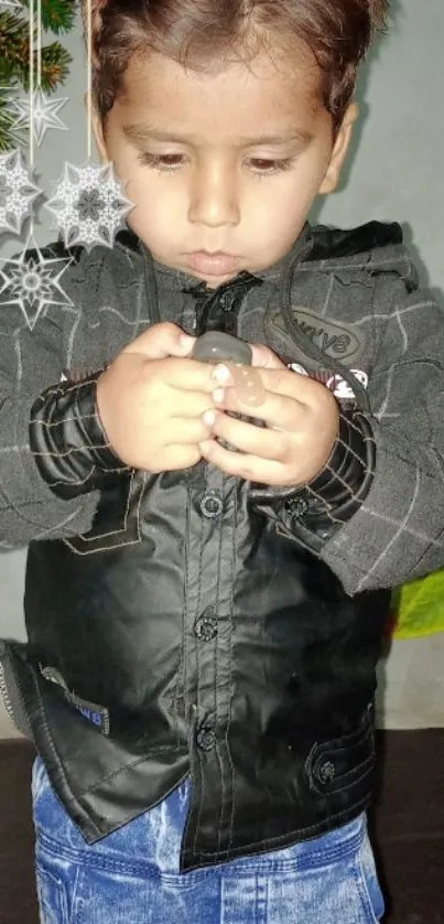 Child in winter attire holding a snow decoration.