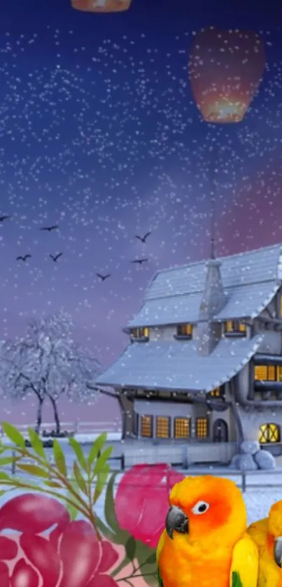 Winter night wallpaper with snowy house, birds, and floating lanterns.