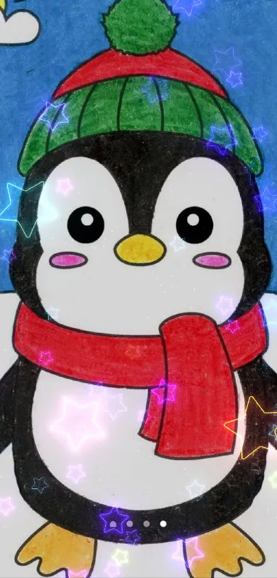 Cute penguin in a hat and scarf with stars on a blue background.