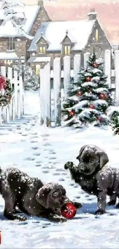 Two playful puppies in a snowy winter village scene.