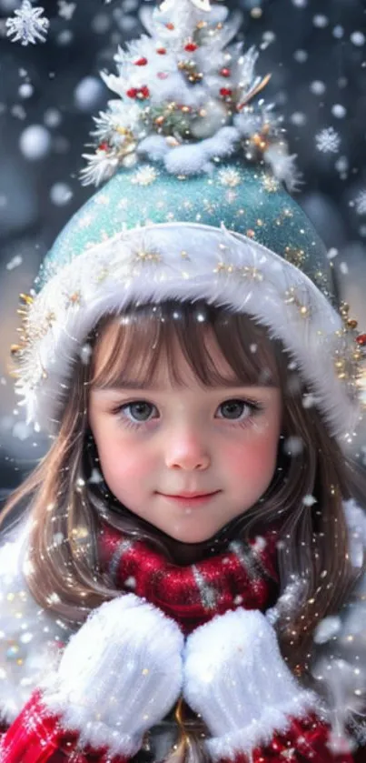 Young child in winter attire with falling snowflakes.