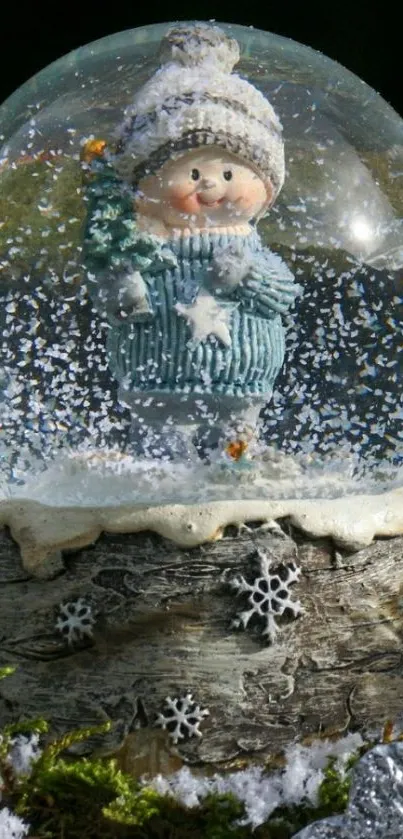 Snow globe with a cute figure inside, surrounded by winter snow.