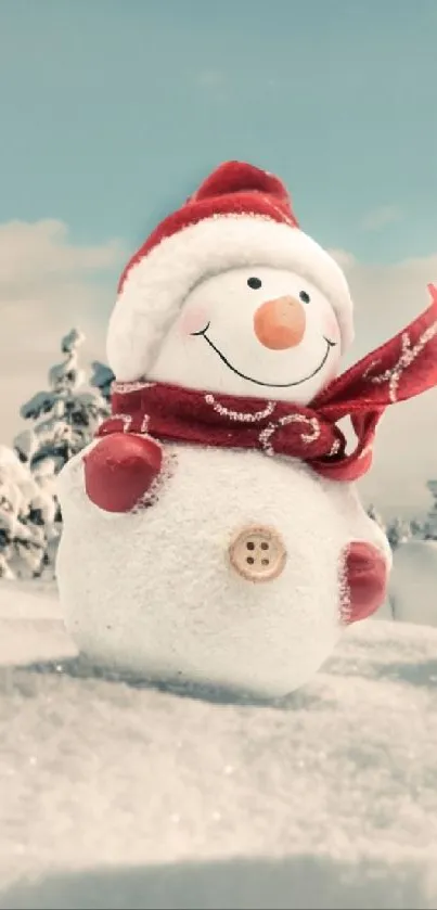 Cheerful snowman in snowy winter landscape with blue sky.