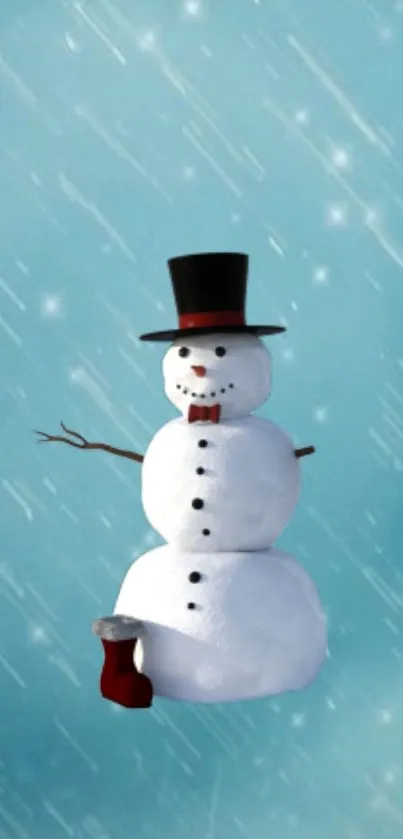 Cheerful snowman on a snowy blue background, perfect for winter-themed mobile wallpaper.