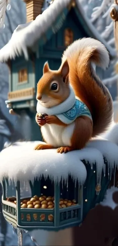 Cute squirrel in snowy winter scene, sitting on snow-covered ledge.