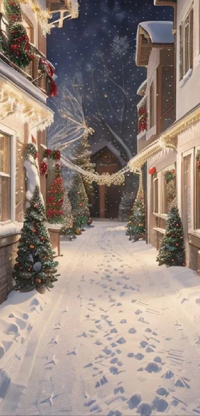 Charming snowy street with festive Christmas decorations.