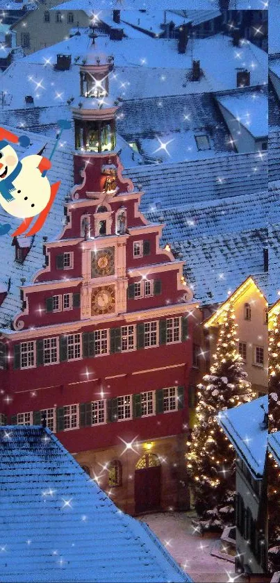 Snowy rooftop scene with festive lights and a snowman, perfect for winter wallpaper.