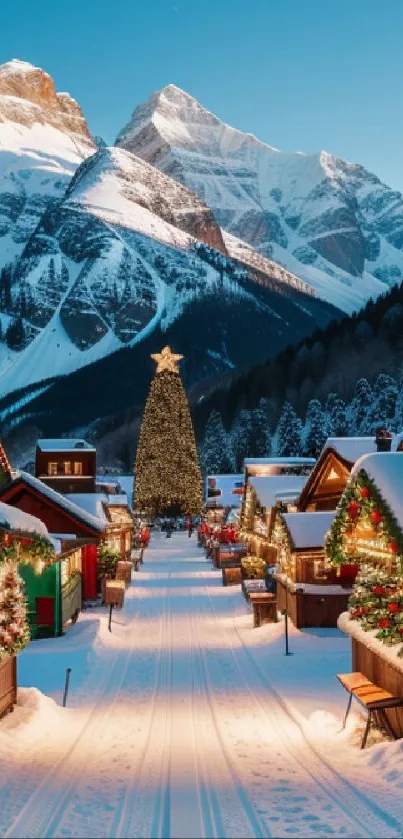 Snowy Christmas village with mountains and tree.