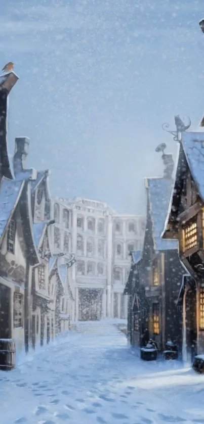 Enchanting snowy village street with cozy lights and snowflakes.