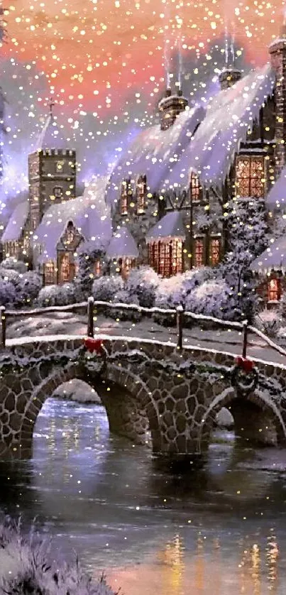 Snowy village with stone bridge and sunset sky wallpaper.