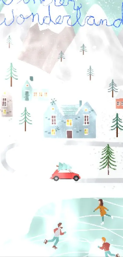 Illustration of a winter village with skaters, snowy hills, and pastel houses.