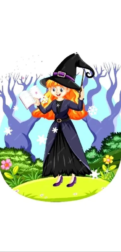 Cartoon witch in a magical forest setting with a wand.