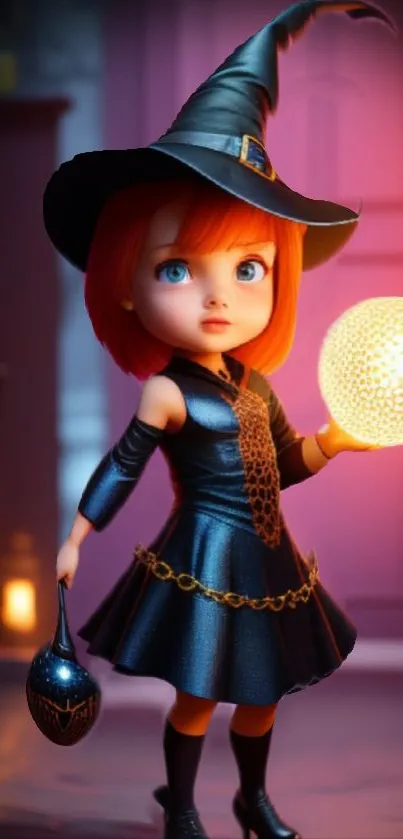 A charming witch doll holding a glowing orb, set in a colorful magical room.