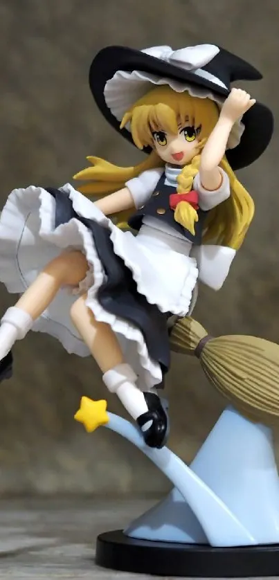 Charming witch figurine on a broomstick against a textured gray background.
