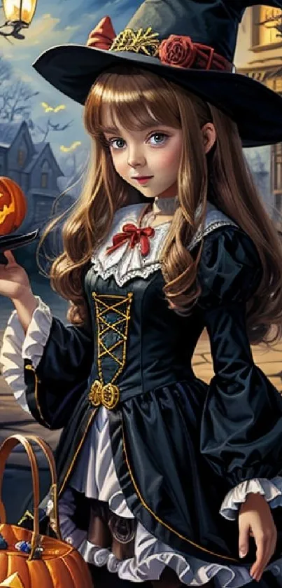 Charming witch in Halloween costume with pumpkins in a magical night setting.