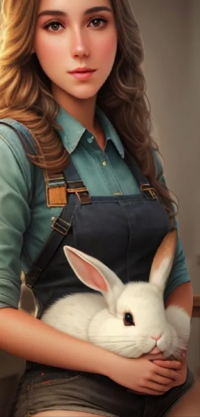 Woman in denim overalls holding a white rabbit.