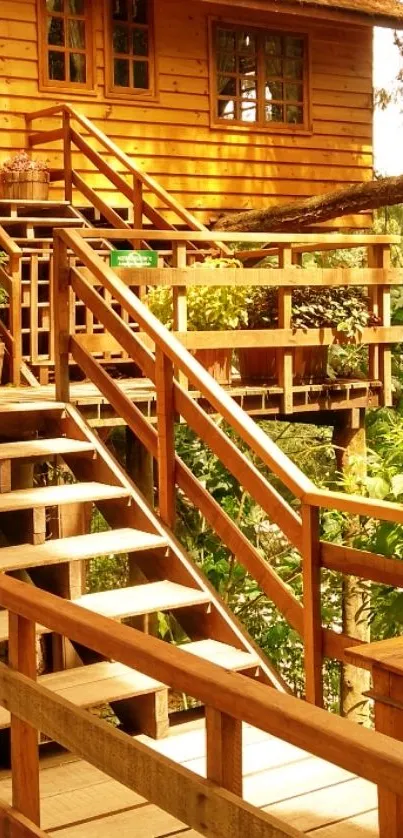 Wooden treehouse nestled in lush greenery with stairs and sunlight.