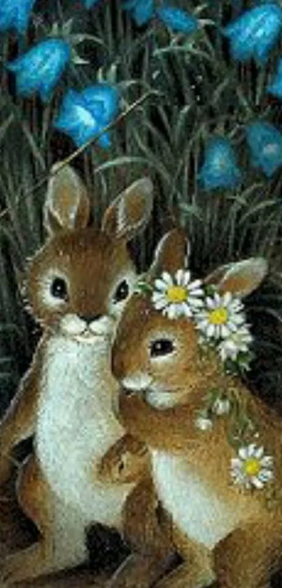 Woodland bunnies with blue flowers.