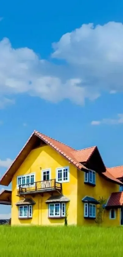 Yellow house with blue sky and green field wallpaper.