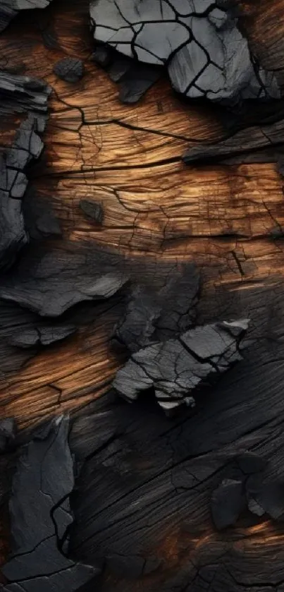 Charred wood texture with dark cracks and burnt brown highlights.