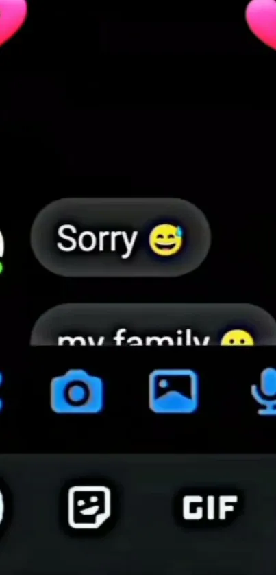 Dark themed chat message wallpaper with emojis and GIF style icons.