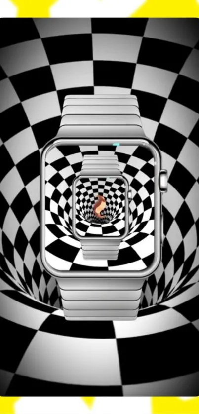 Checkerboard spiral watch design wallpaper with optical illusion effect.