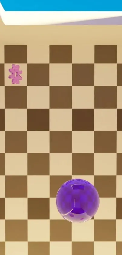 Checkered pattern with purple sphere and pink flower on a beige background.