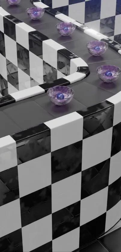 Black and white checkered tiles with purple bowls.