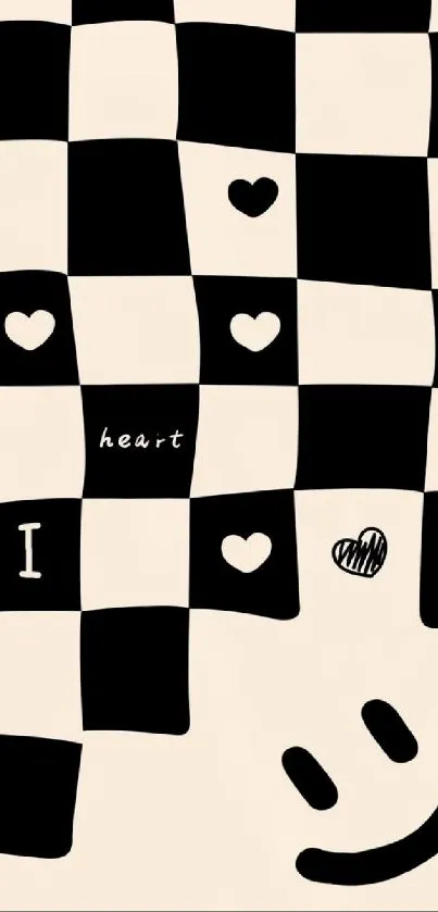 Minimalist checkered heart pattern wallpaper in black and beige tones.