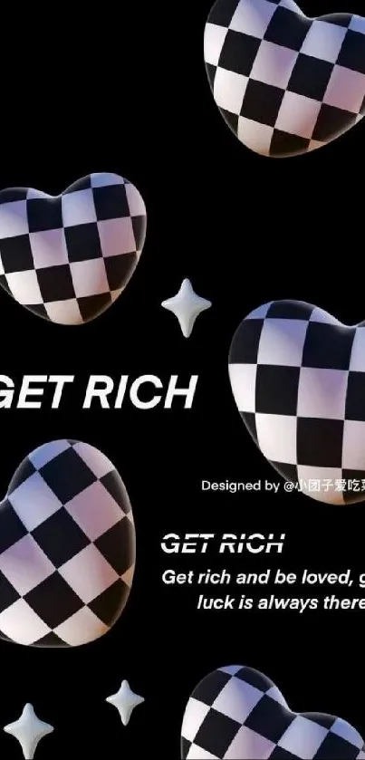 Checkered heart design with 'Get Rich' text on black background.