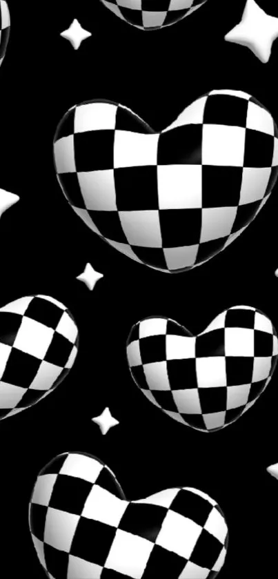 Mobile wallpaper with checkered hearts and stars on a black background.