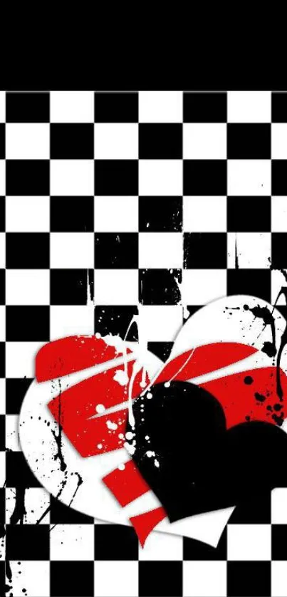 Bold checkered pattern with layered red and black hearts for mobile wallpaper.