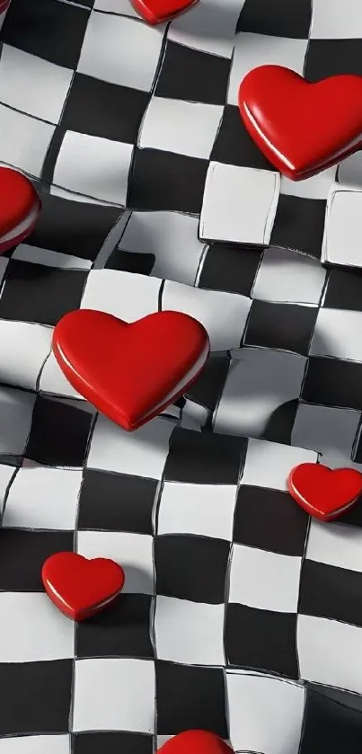 Red hearts on black and white checkered background wallpaper.