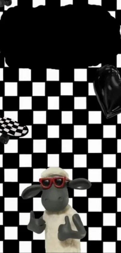 Checkered black and white wallpaper with sheep and sunglasses.