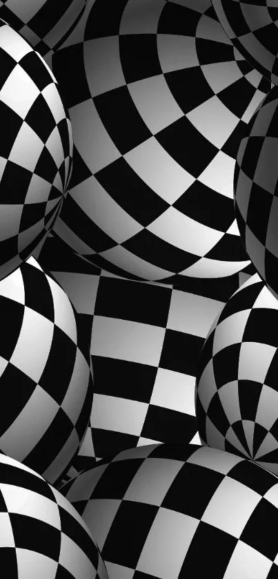 Black and white checkered spheres wallpaper, optical illusion design.