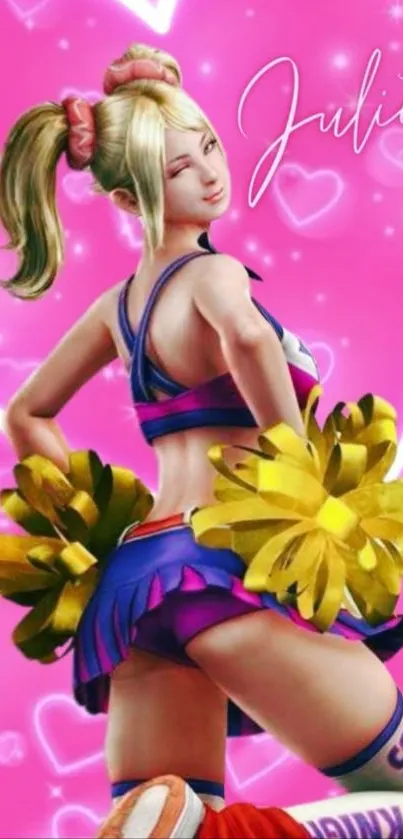 Anime cheerleader on a pink background with hearts.