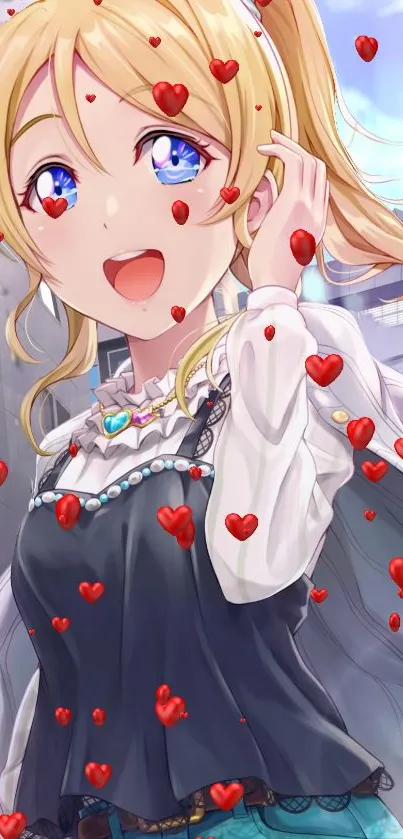 Anime girl with flowing hearts mobile wallpaper.