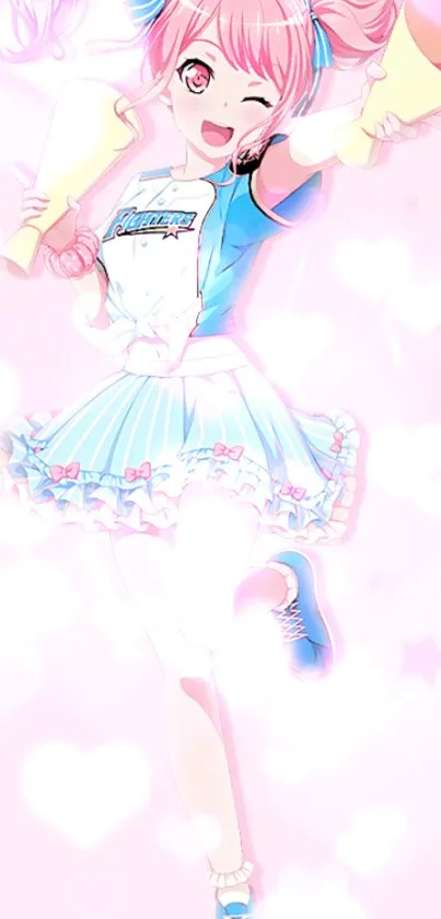 Cheerful anime girl in blue and pink outfit with hearts background.