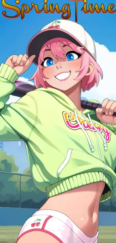 Cheerful anime character in green hoodie during springtime.