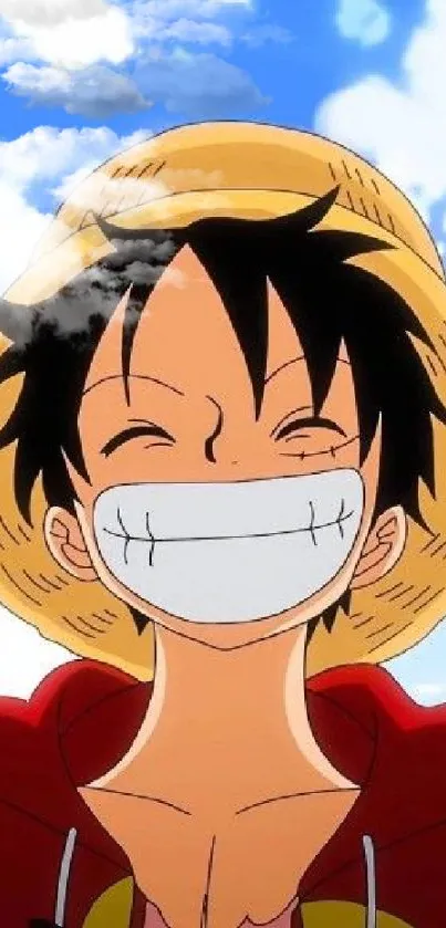 Anime character with straw hat and bright smile looking joyful.