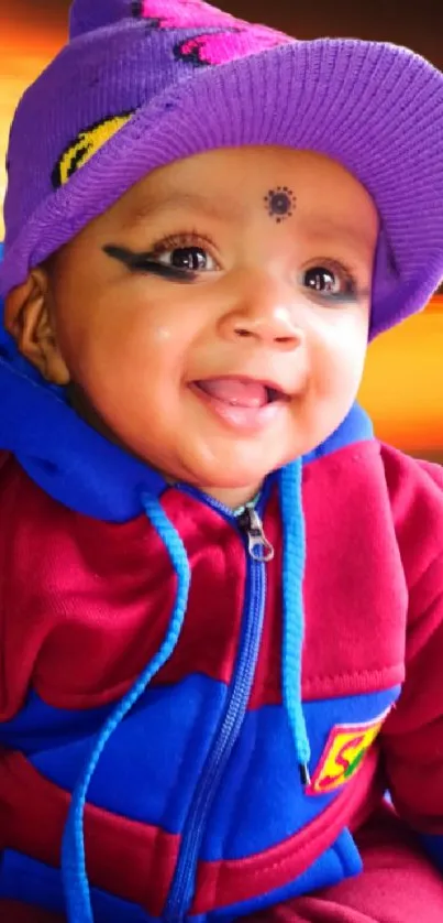 Adorable baby in vibrant outfit with a sunset backdrop.