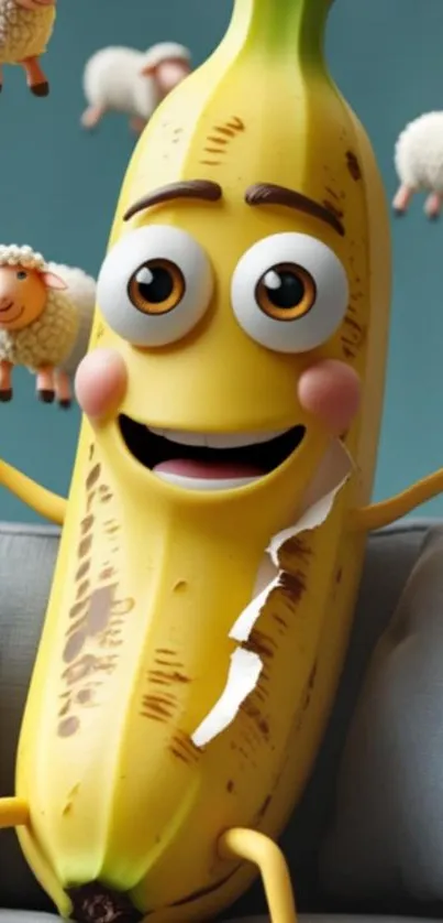 Cartoon banana with sheep in a playful scene.