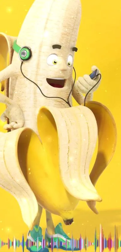 Cheerful banana wearing headphones on yellow background.