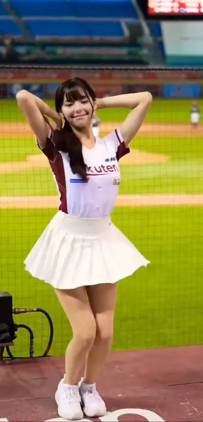 Cheerleader at a baseball stadium with vibrant field backdrop.