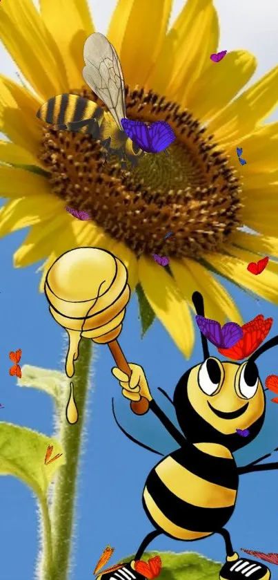 Cheerful bee cartoon with sunflower and butterflies.