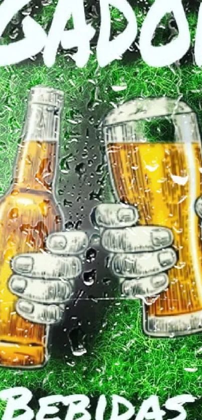 Hands clinking beer bottles on a green background.