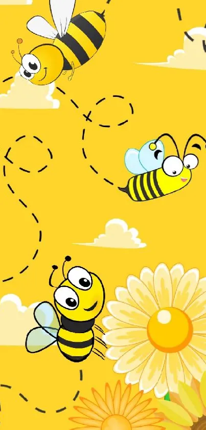 Yellow mobile wallpaper with cartoon bees and sunflowers.