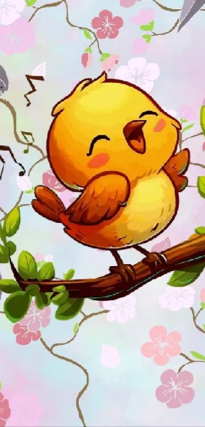 Cute cartoon bird singing on a branch with colorful flowers.