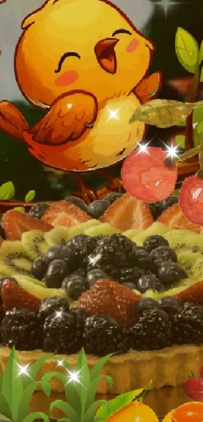 Cheerful bird sitting on a colorful fruit tart with vibrant surroundings.