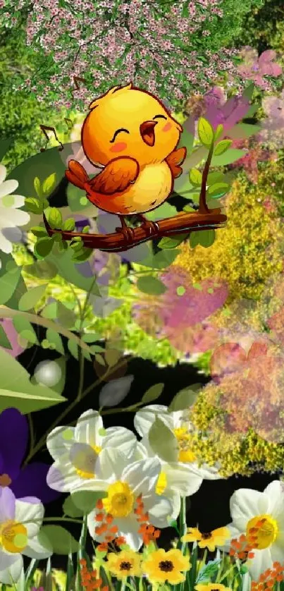 Cheerful cartoon bird perched among vibrant spring flowers.